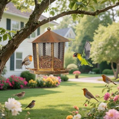 Large Capacity Garden Bird Feeder Heavy Duty Iron Bird Feeding Equipment Squirrel Proof Hanging Bird Food Bowl Backyard