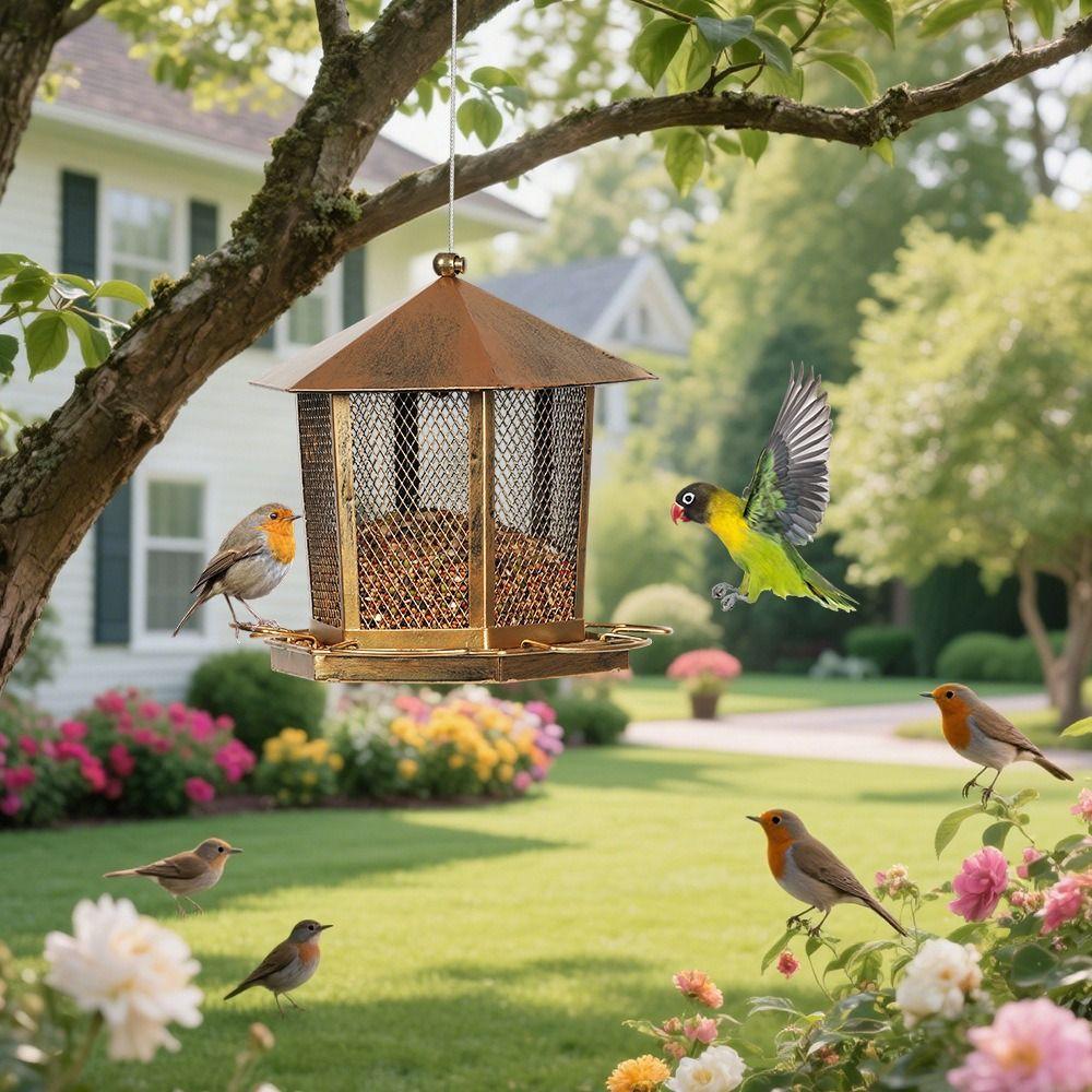 Large Capacity Garden Bird Feeder Iron Squirrel Proof Bird Food Bowl Heavy Duty Hanging Bird Feeding Equipment Farmhouse