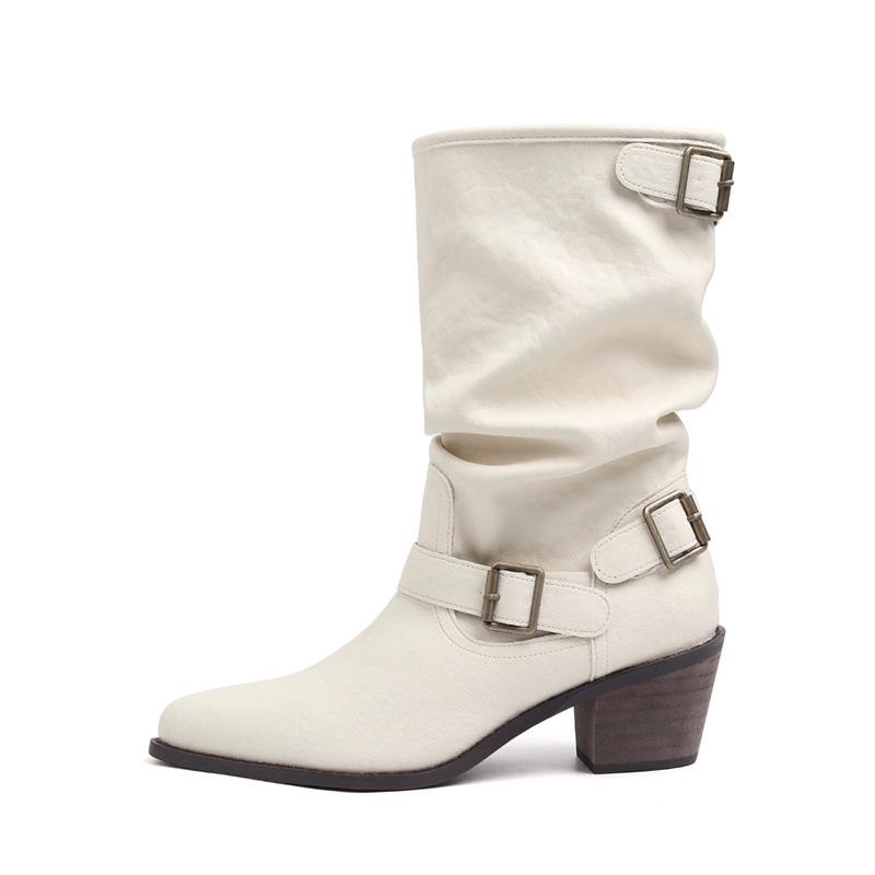Pointed cowhide version thick heel white short boots women's 2025 new British style belt buckle Martin boots temperament medium tube pile