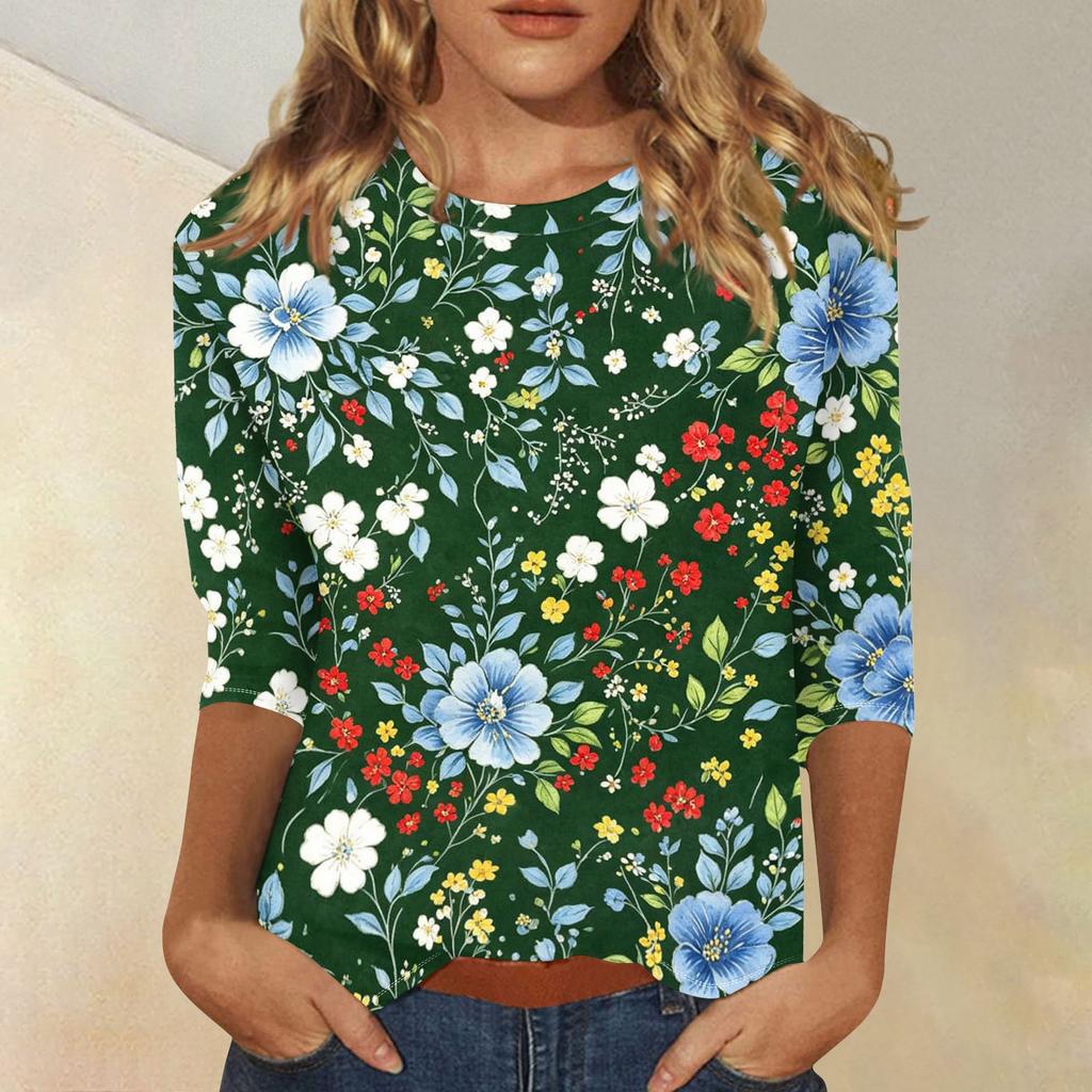 Damen Lässige Blumenprint Rundhals Dreiviertelarm Bluse Leichter Weicher Stoff Bequeme Passform Stilvolles Oberteil für den täglichen Gebrauch
