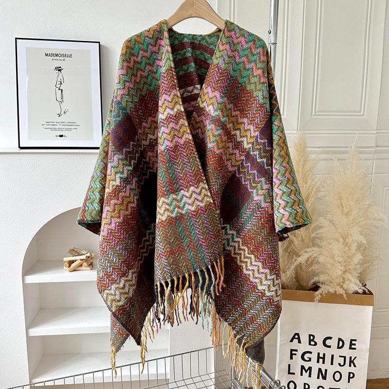 Knit Shawl Wrap for Women, Ladies Knitted Kimono with Fringe for Fall Winter, blanket shawl