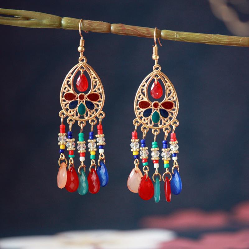 Ethnic Long Acrylic Water Drop Earrings for Women Retro Boho Gold Color Hollow Tassel Earrings Bijoux Femme Accessories