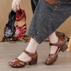 Mode Neue Sandalen mit mittlerem Absatz Frau Sommer Echtleder Schuhe für Frauen bestickte florale Sandale Retro Schuhe mit Absatz Klettverschluss Pumps