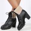 Winter British style round head thick heel large size high heel knight boots women's lace-up fluffy flanged short leather boots
