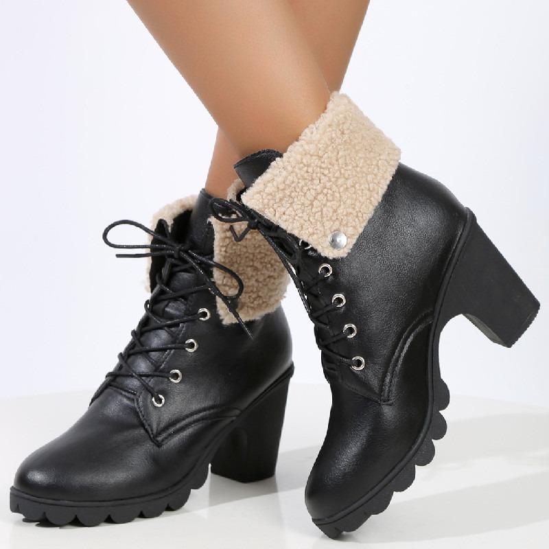 Winter British style round head thick heel large size high heel knight boots women's lace-up fluffy flanged short leather boots