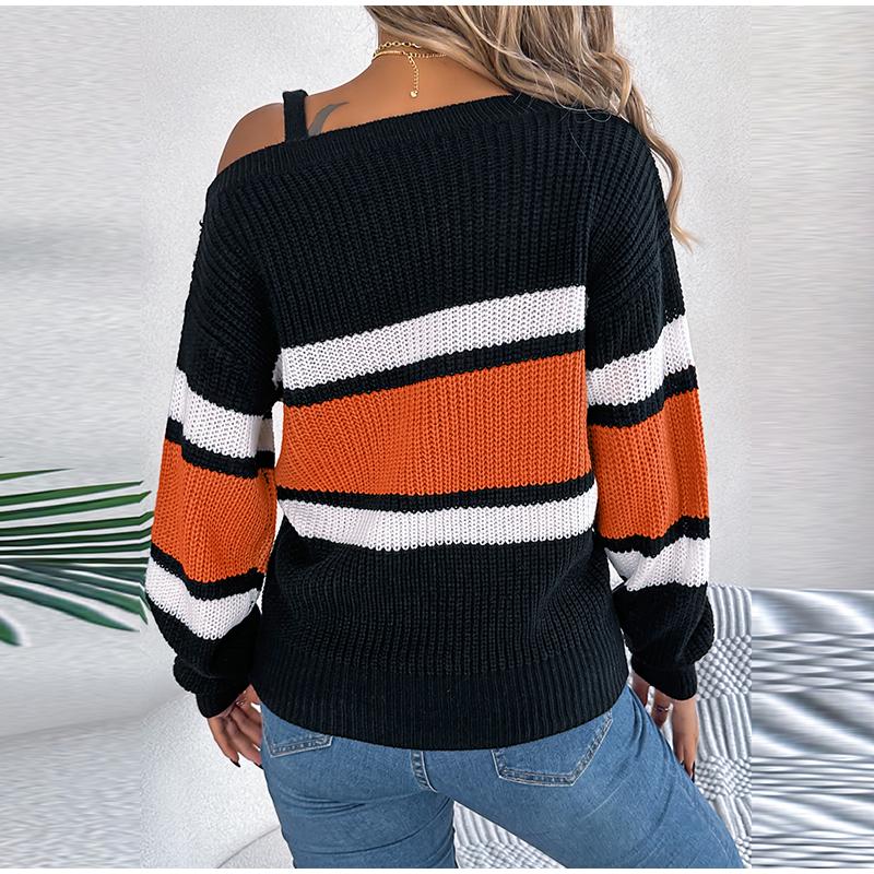 Сексуальный полосатый трикотажный пуловер с вырезом-лодочкой — фото 6