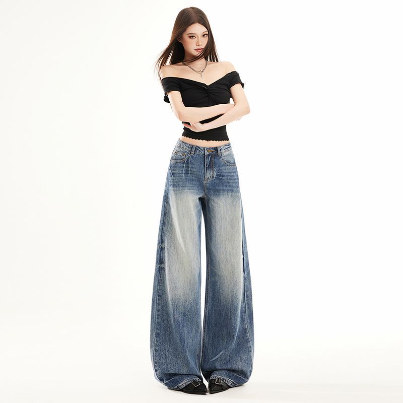Spring Summer Vintage Cat Whisker Relax Straight Floor Wide Leg Long Denim Pants For Women Casual Pants Oversize Denim Trousers