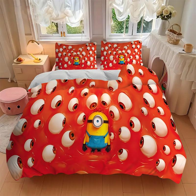 Minion Eyeballs Printed 3pcs Bedding Set Soft Microfiber 1 Duvet Cover And 2 Pillowcases Home Bedroom Decor Xmas Gift Q1155