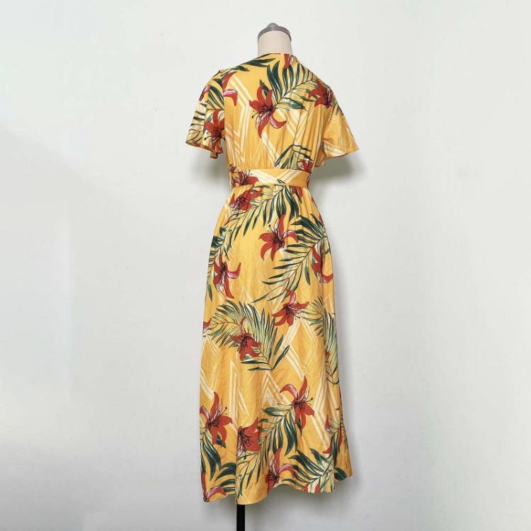 Women Summer High Waist A Line Dress Ethnic Printed Short Sleeve Lace Up