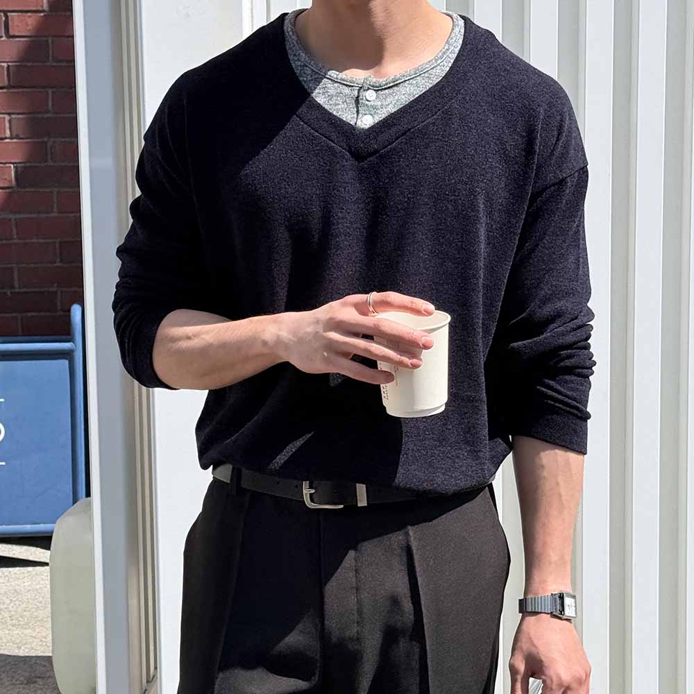 BYMONO [Big Sizes Xl-6Xl] Mono Layered Henley Neck Knit