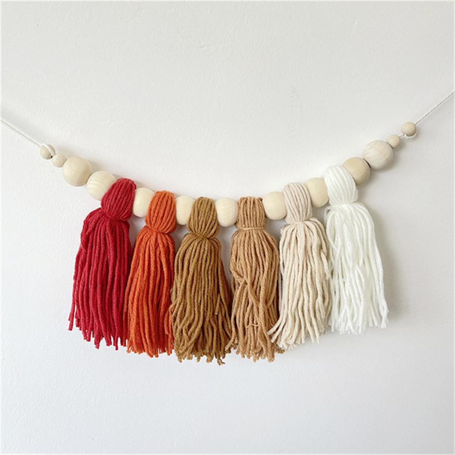 Boho Cotton Tassel Garland Wall Decoration with Wooden Beads Nursery Decor for Baby Room Tent Hanging Pendant Photo Props