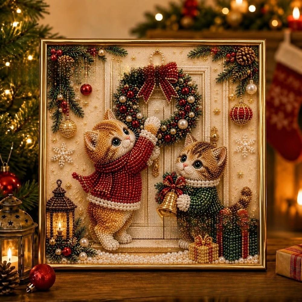 Handmade DIY Pearl Bead Art Kit Cartoon Cat Santa Crystal Painting Set Christmas Decor Winter