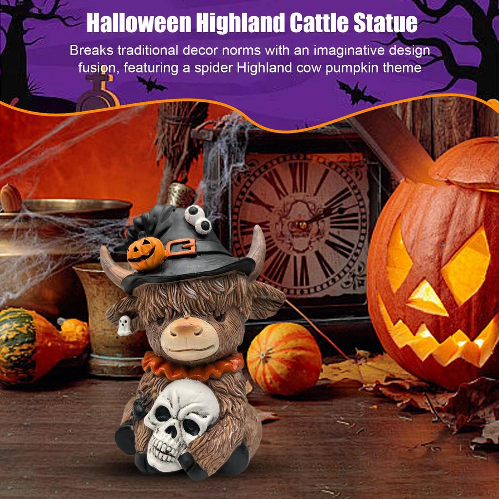 Halloween Highland Cattle Statue Resin Figurine Brown Cattle Statue Spider Pumpkin Highland Cow Figurines Table Shelf Decor