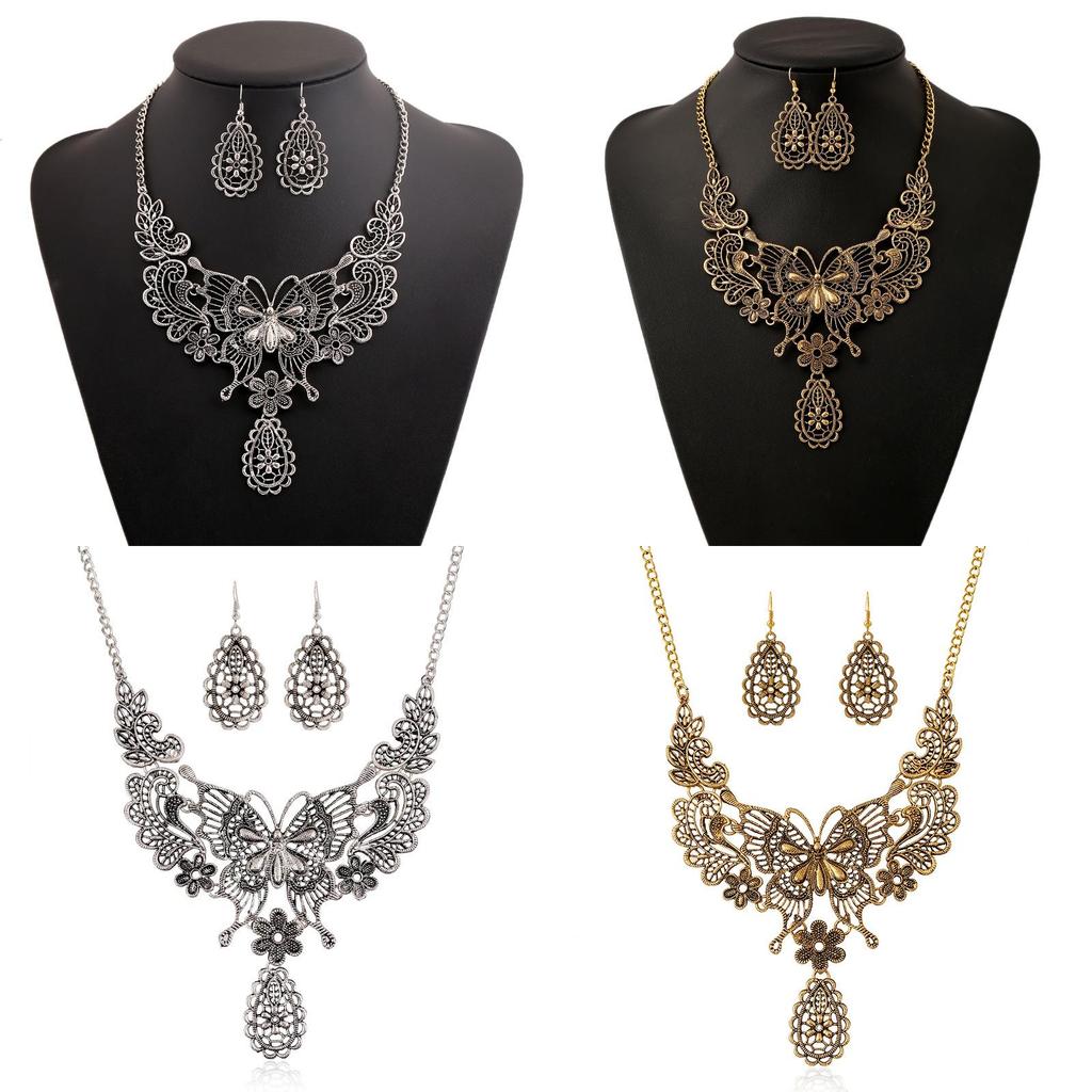 Fashion Hollowed Out Butterfly And Flower Design Women Necklace Earring Set For Women And Men