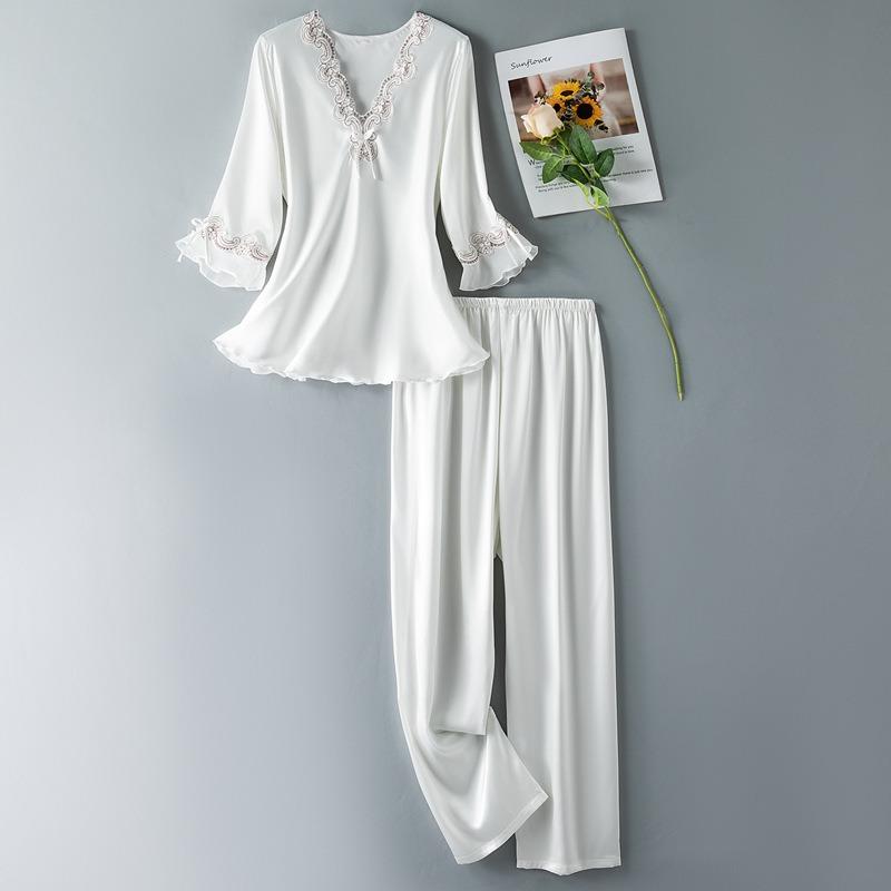 Women's Large Size Spring and Autumn Thin Section Seven-minute Sleeve Silk Embroidery Lace Two-piece Homewear