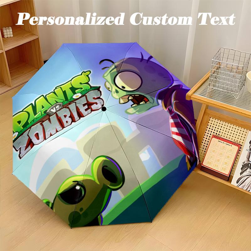 Windproof Folding Umbrella, 8‑Rib Auto Open Close Plants vs. Zombies Umbrella for Rain Sun Protection