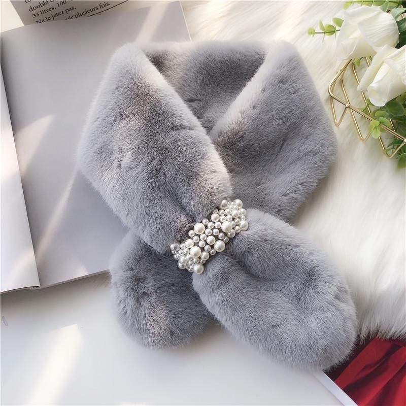 Korean Style Thickened Warm Plush Pearl Scarf - Autumn & Winter Cross Neck Warmer for Girls