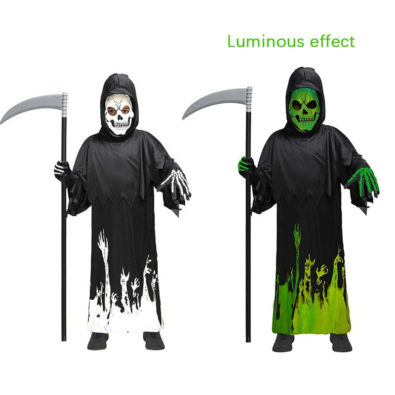 Kids Horror Death Luminous Jumpsuit Sickle Black Robe Grim Reaper Cosplay Costume Props Halloween Costume