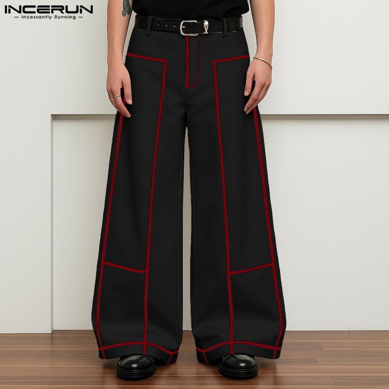 INCERUN Men Zip-up Waist Stitching Casual Long Wide Legs Pants Trousers