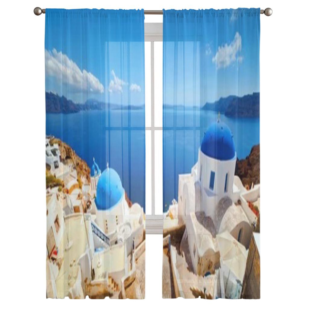 Oia Stadt auf Santorini Insel Transparenter Vorhang für Wohnzimmer Schlafzimmer Voile Vorhänge für Fenster Organza Vorhänge Party Tüll Vorhänge