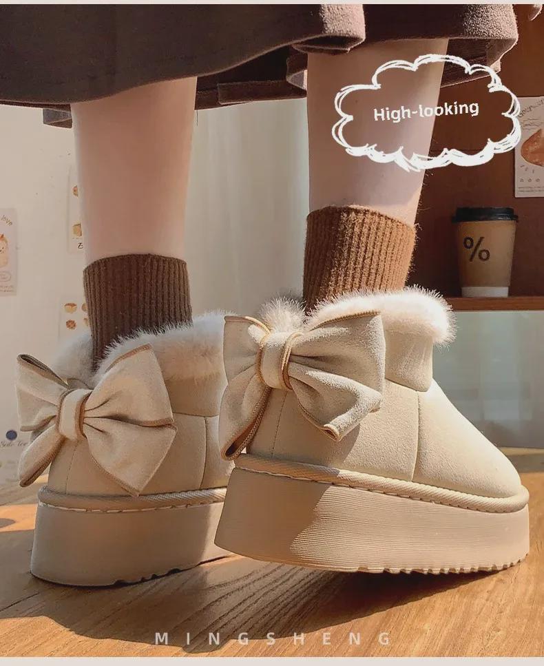 Women's Bow-Knot Cotton Heel Boots: Warm, Stylish & Versatile for Winter