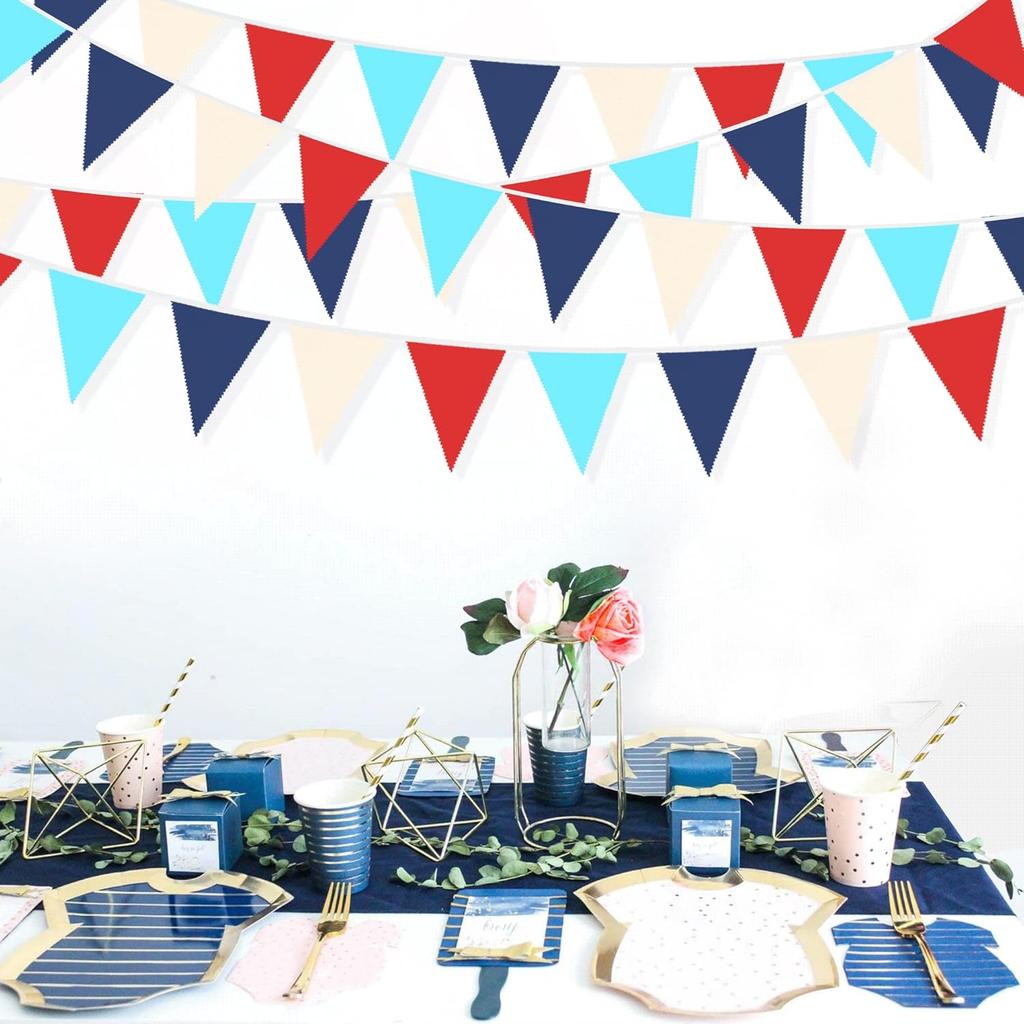 32Ft Red Blue White Nautical Pennant Banner Fabric Triangle Flag Bunting Garland Streamer for Nautical Theme Birthday Ahoy Achor Pirate Baby Shower