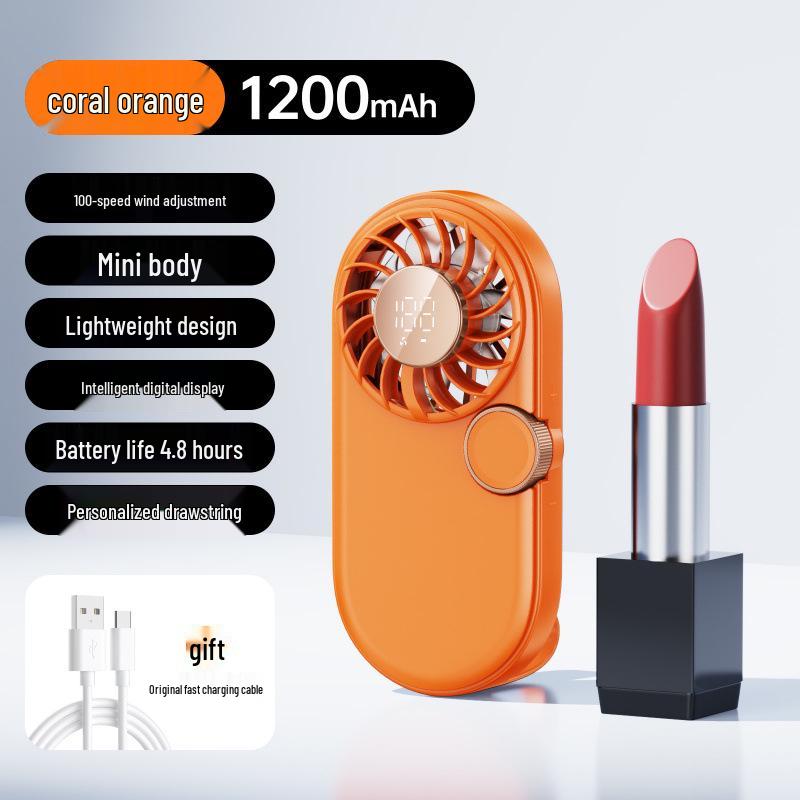 Compact USB Rechargeable Pocket Fan: Handheld Lipstick-Sized, Strong Wind, Digital Display, Stepless Speed Control