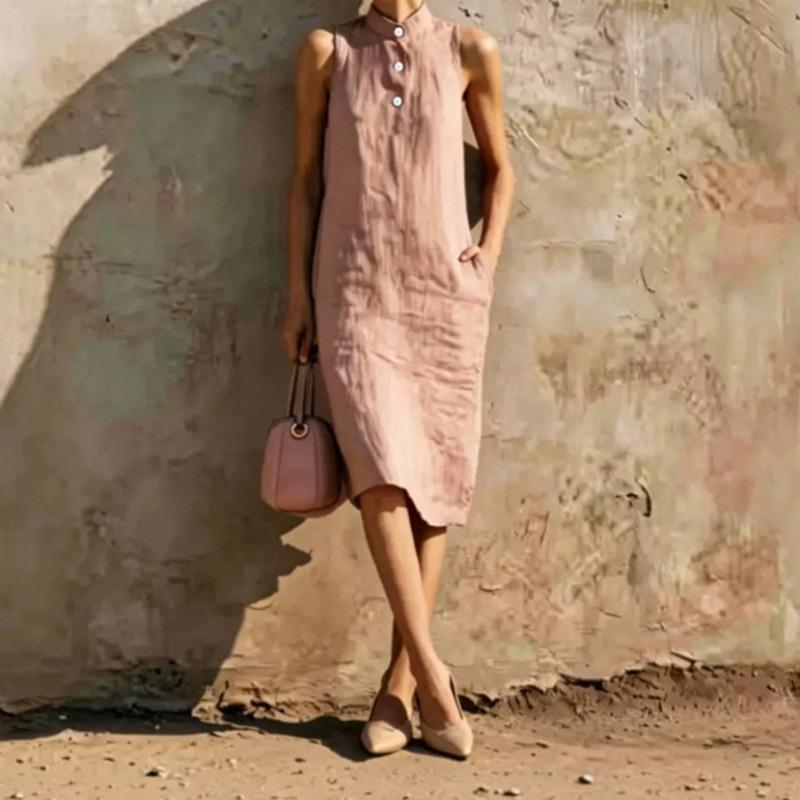 Women Summer Solid Color Loose Sleeveless Casual Midi A Line Dress