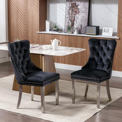 Modern, Tufted Solid Wood Velvet Upholstered Dining Chair with Chrome Stainless Steel Plating Legs,Nailhead Trim,Set of 2,Black and Chrome, DE1701BK