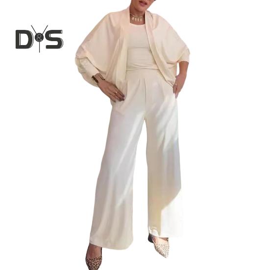 3 Pcs/Set Women Vest Coat Pants Suit Round Neck Sleeveless Solid Color Blouse Elastic Waist Wide Leg Trousers Daily Wear Sport Outfit Fall Spring