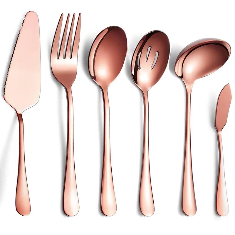 6-Piece Flatware Serving Set, Stainless Steel Serving Utensils Cake Server Slotted Spoon Fork Butter Knife Soup Ladle