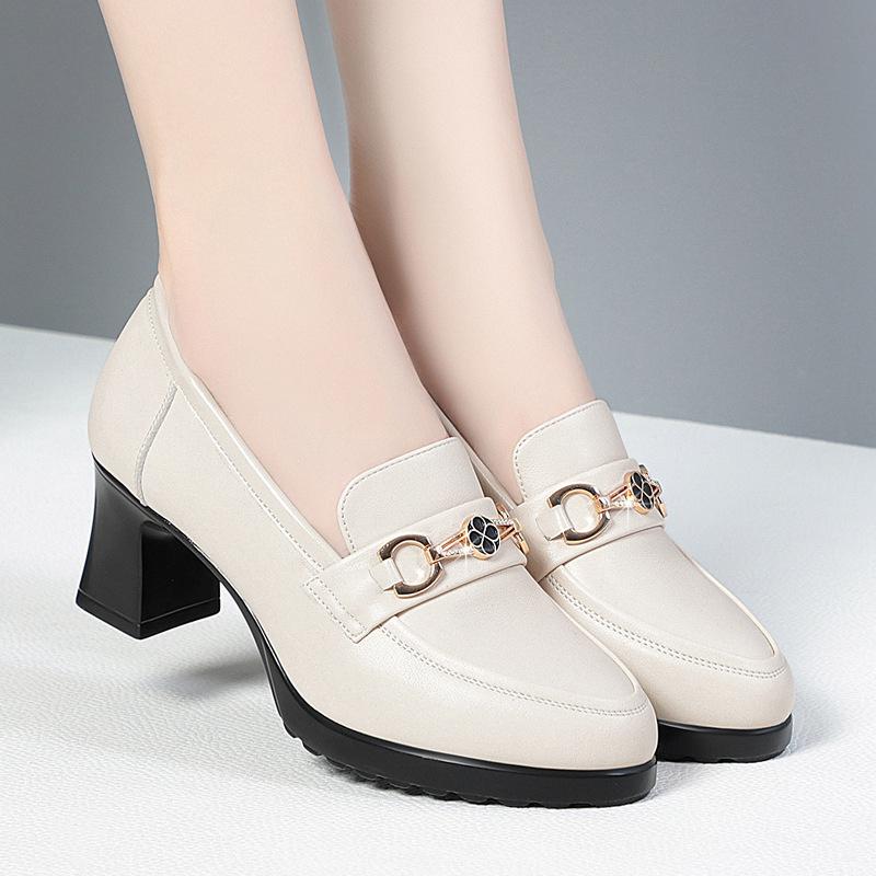 Spring New Women Square Heels Metal Chain Pumps Soft Leather Shoes Fashion Slip On Chunky Heel Casual Mary Jane Shoes