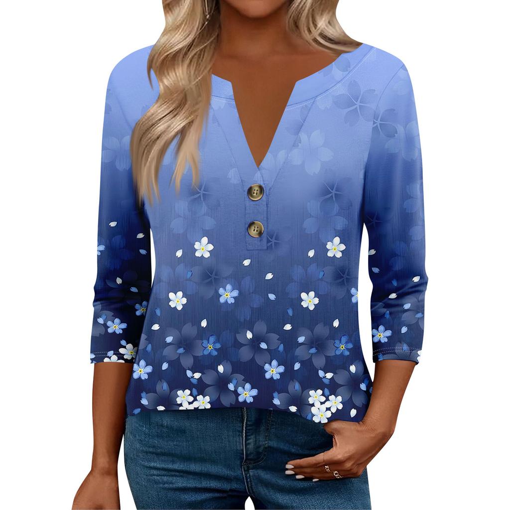 3/4 Sleeve Womens Tops For Women Henely Tops Button V Neck  Loose Fit Dressy Womens Summer Tops