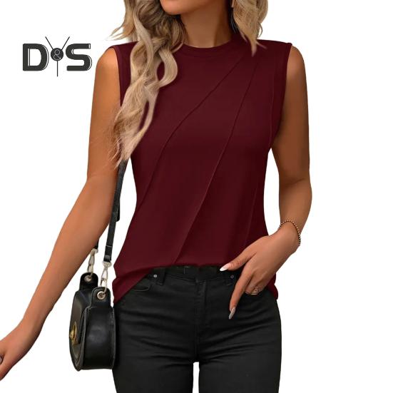 Summer Women Vest Loose Fit Sleeveless Round Neck Tank Tops Solid Color Line Details Breathable Vest