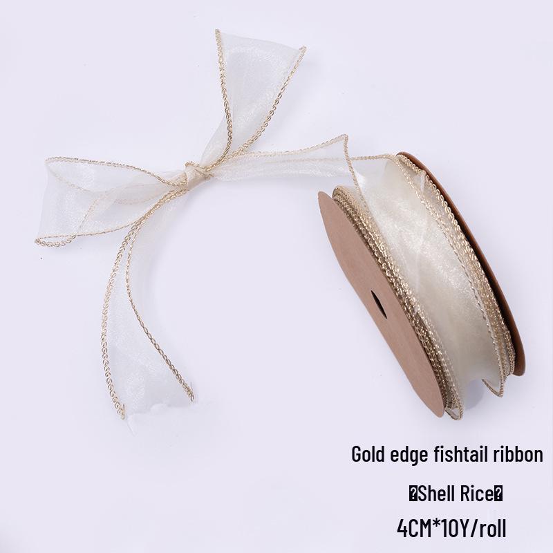 4cm Gold Edge Fishtail Yarn Ribbon for Floral Bouquets, Cake Decorations, Gift Bows, and DIY Projects.