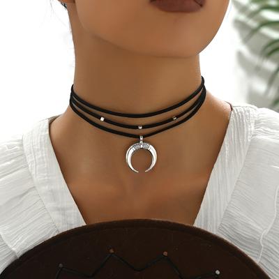 1 PC Retro Ethnic Style Crescent Moon Pendant Multi-Layer Necklace Suitable for Women's Ramadan Holiday Daily Wear