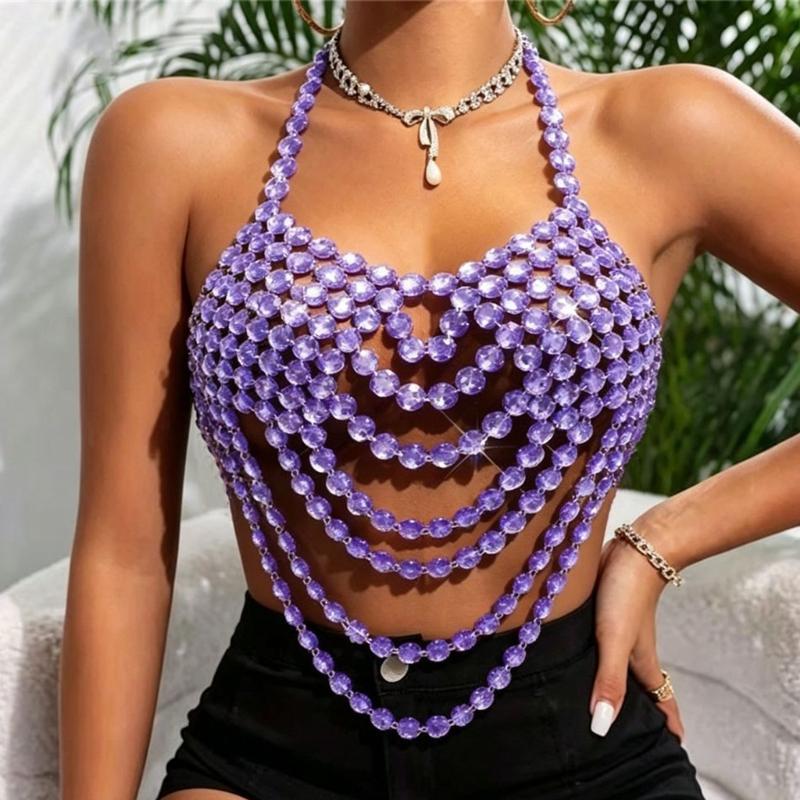 Multi Layer Halter Body Chain Top Sparkly Draped Chest Jewelry Accent for Festival Outfit, Stagewear and Evening Looks