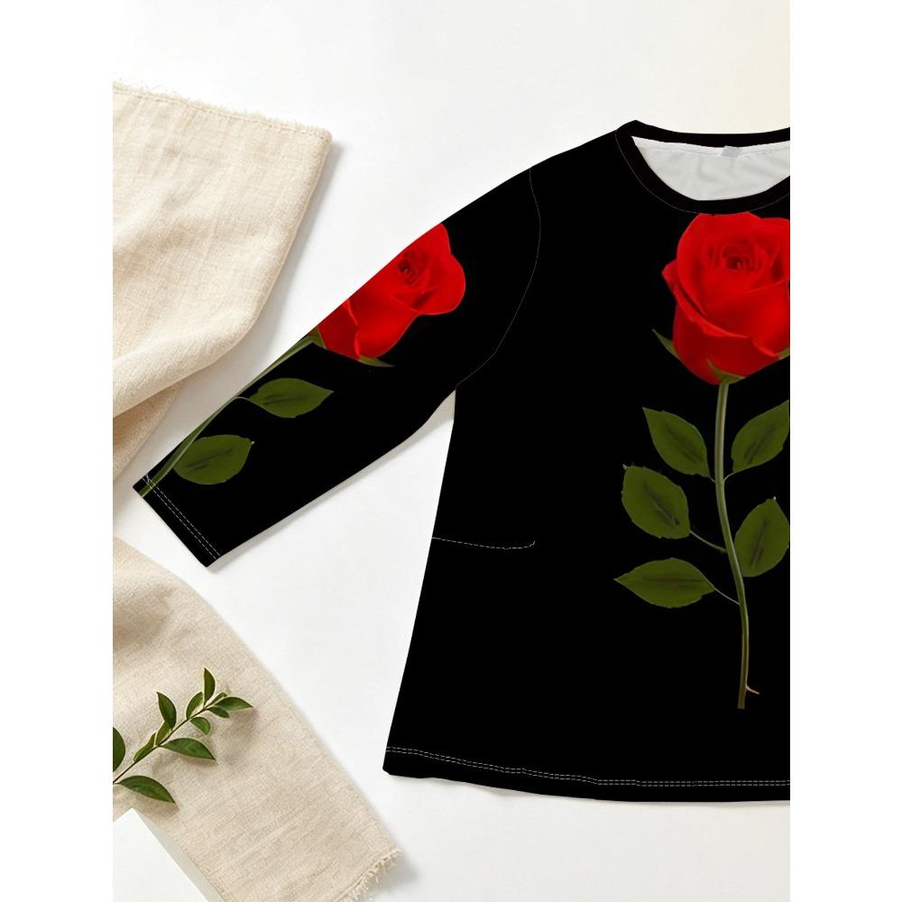 Women's Plus Size Pocket Design Rose Print Loose Long Sleeve T-Shirt