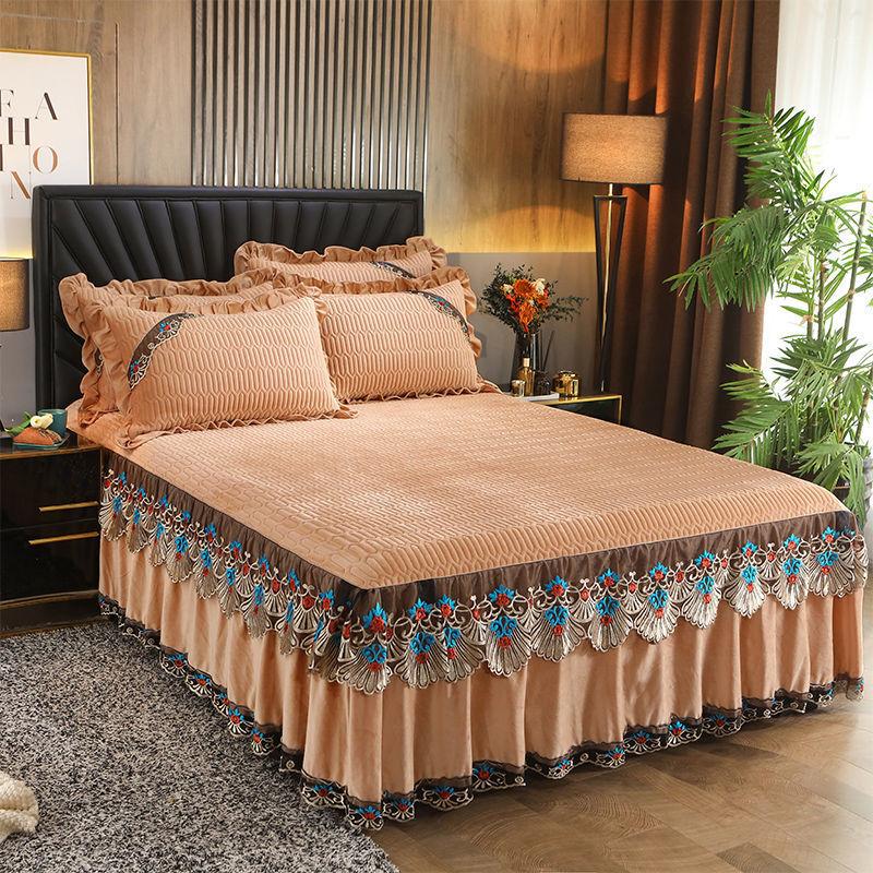 3 teile/satz Kristall Samt Gepolsterte Bett Rock Spitze Herbst und Winter Blätter Europäischen-stil Simmons Schutzhülle