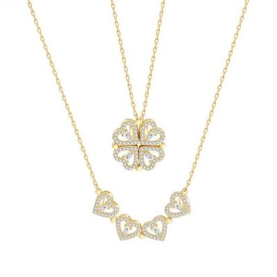 C211 Simple Heart-to-Heart Four-Leaf Clover Necklace for Women Fashion Collarbone Chain Heart Foldable Two-Way Pendant Necklace