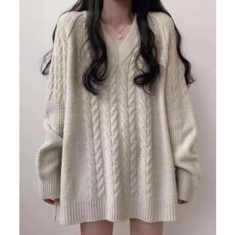 Autumn Winter Twist V Neck Loose Women Pullover Sweater Korean Fashion Casual Simple Office Medium Long Knitted Tops Elegant Retro Versatile Clothing