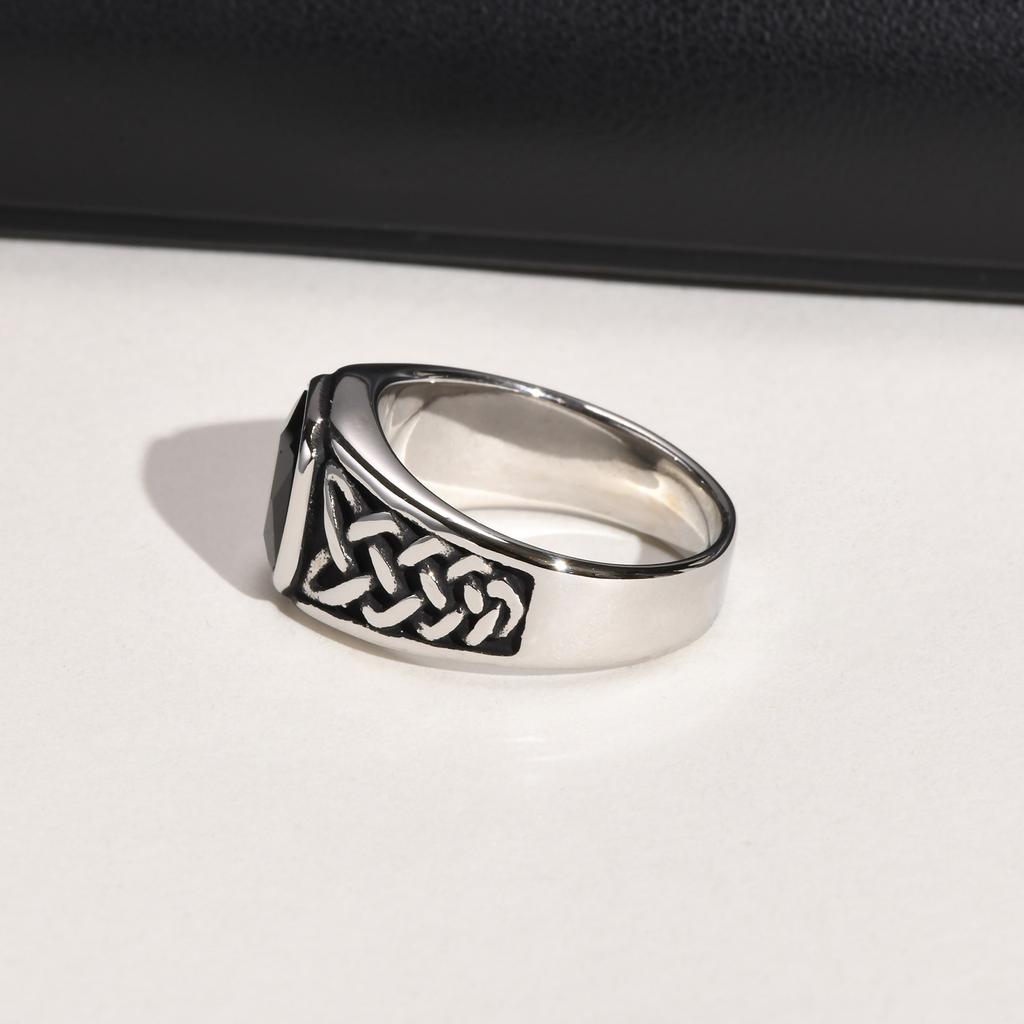 Punk Vintage Ethnic Rings for Men Retro Viking Knot Rune Finger Band, Black Geometric Square Stone Signet Ring Jewelry
