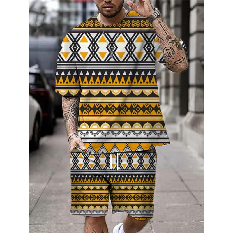 

2025 Новый летний мужской комплект с короткими рукавами, повседневная уличная футболка для мужчин, модные свободные шорты с принтом в богемном стиле 3XL