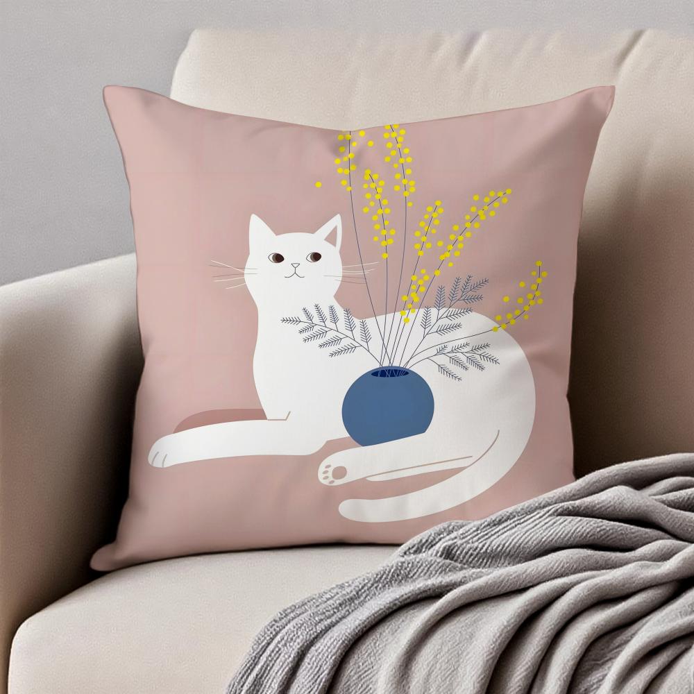 Minimalist Flat Style Illustration Cat Art Cushion Cover Pillowcase Antidustmite Invisible Zipper Short Plush Sofa Cushion