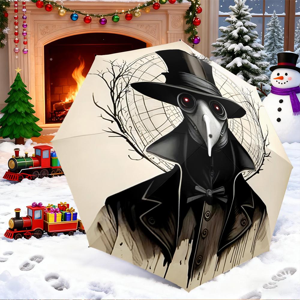 Automatic Umbrella with Victorian Plague Doctor Top Hat Portrait Print, Windproof Travel Umbrella for Adults, Outdoor Rain Gear