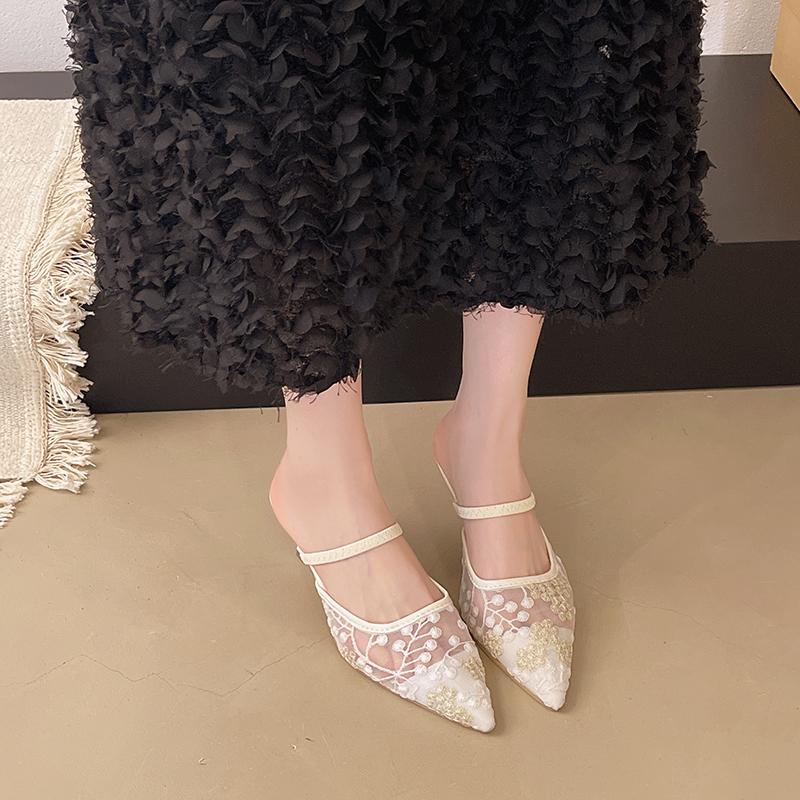 Fashion Women's Mesh Floral Embroidered Slingback High Heels Female Open Heel Pearl Studded Pointed Toe Sandals Sexy Stiletto Lady Mules