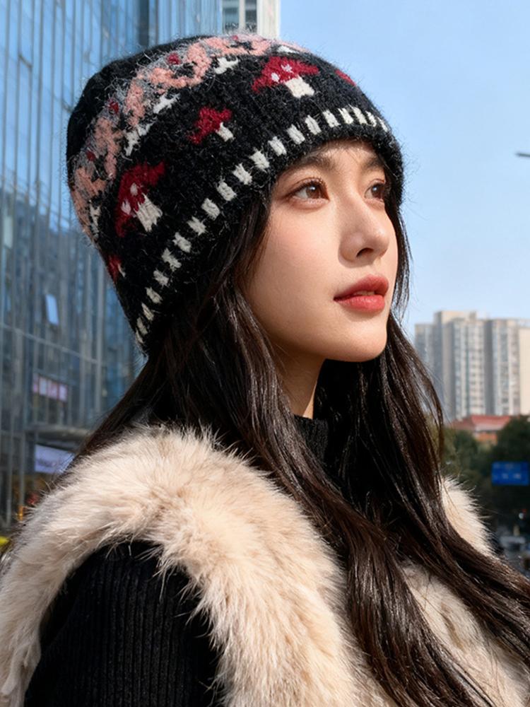 New Women Men Knitted Beanie Floral Hats Winter Vintage Fashion Commute Headwear Warm Soft Cozy Cold Weather Knit Cap Casual