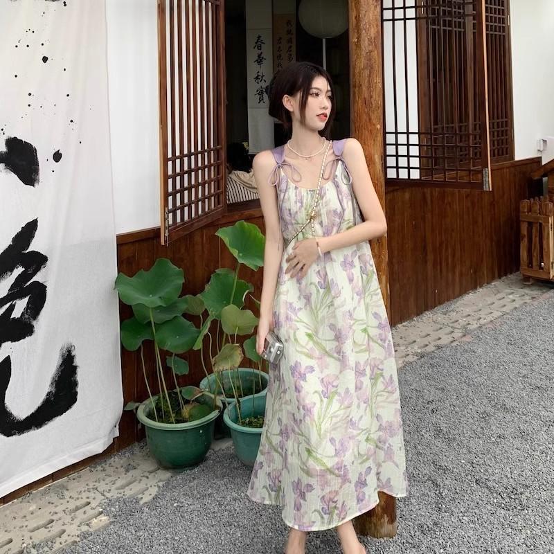 [Original practice + inner lining] Summer pendant purple floral suspender skirt chiffon dress women's medium and long skirt