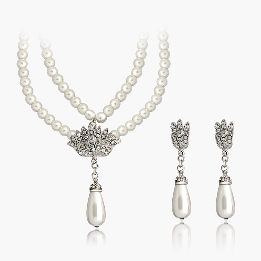 

Choker Gift Collar Chain Crystal Wedding Jewelry Set Earrings Necklace Set Pearl Pendant Bridal белый