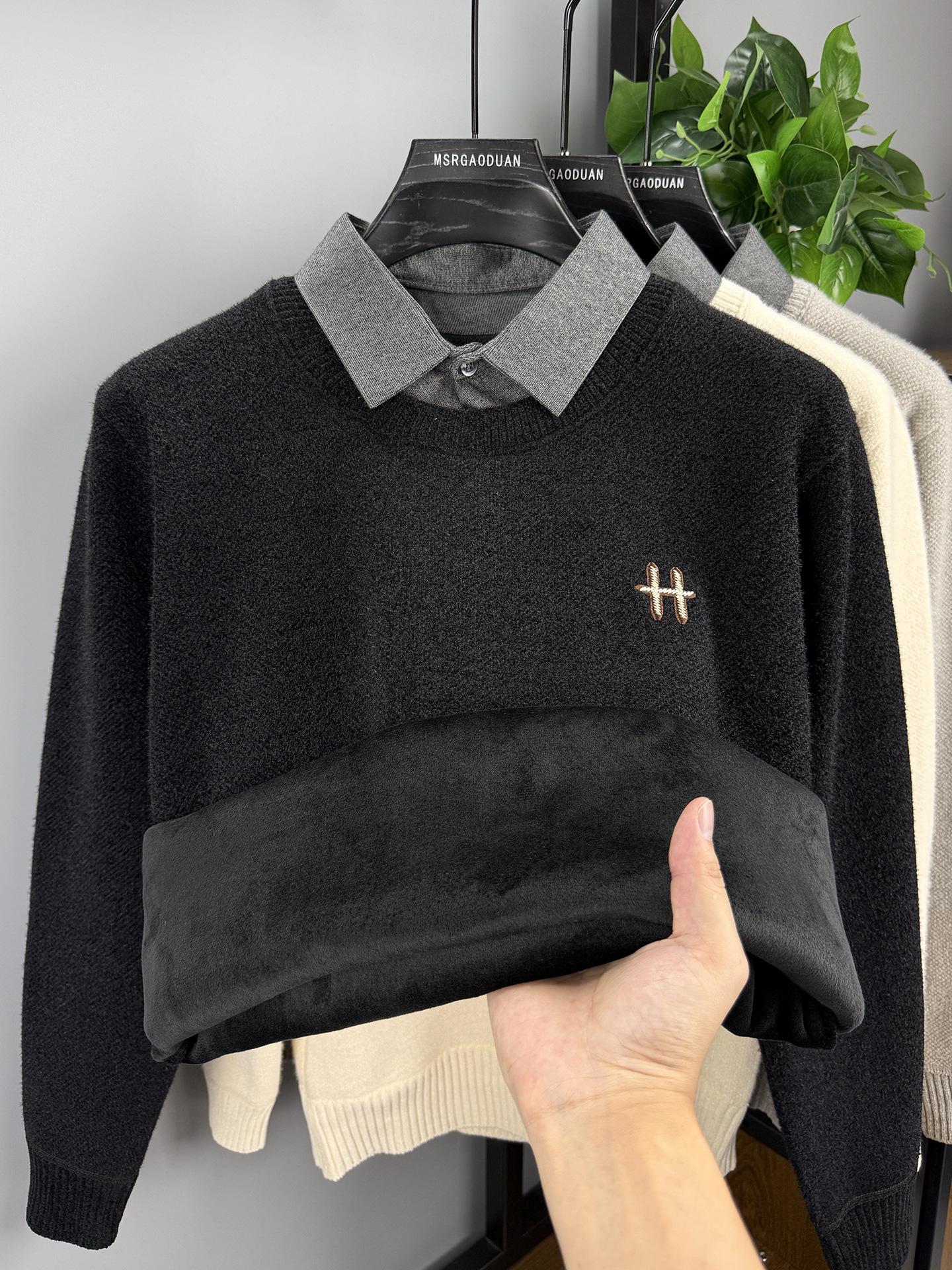 2025 Winter Men s Chenille Two-in-One Collar Sweater: Thick, Velvet-Lined Knit Base Layer. 2XL
